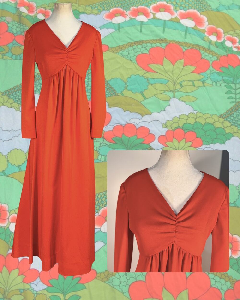 Vintage 70s Prairie Hippy Coral Red Empir Circle Maxi Skirt Cocktail Dress L
